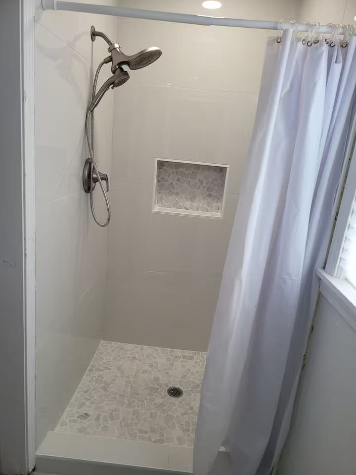 Walk-in shower at The Lakehouse